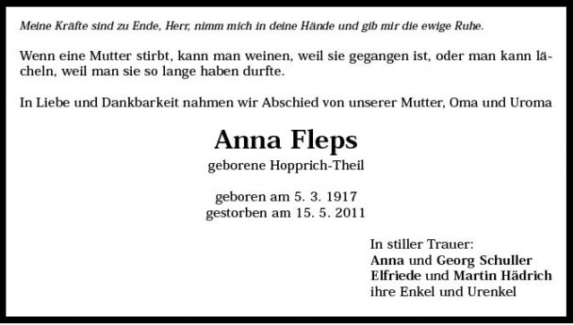 Hopprich Anna 1917-2011 Todesanzeige